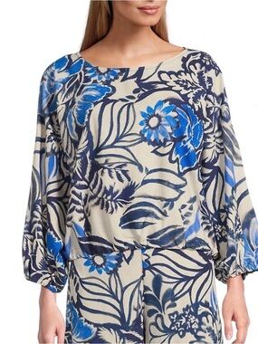 Bryn Walker Blue White Floral Italian Fabric Oversized Top 1X